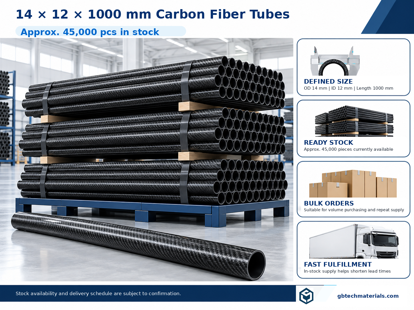 14×12×1000 mm Carbon Fiber Tubes: 45,000 Pieces in Stock